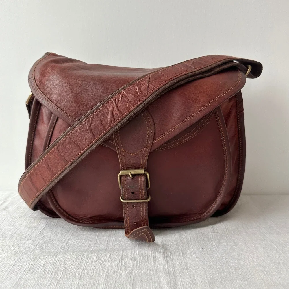 Vintage Brown Leather Messenger Bag Crossbody‎ Saddle Satchel Mahogany